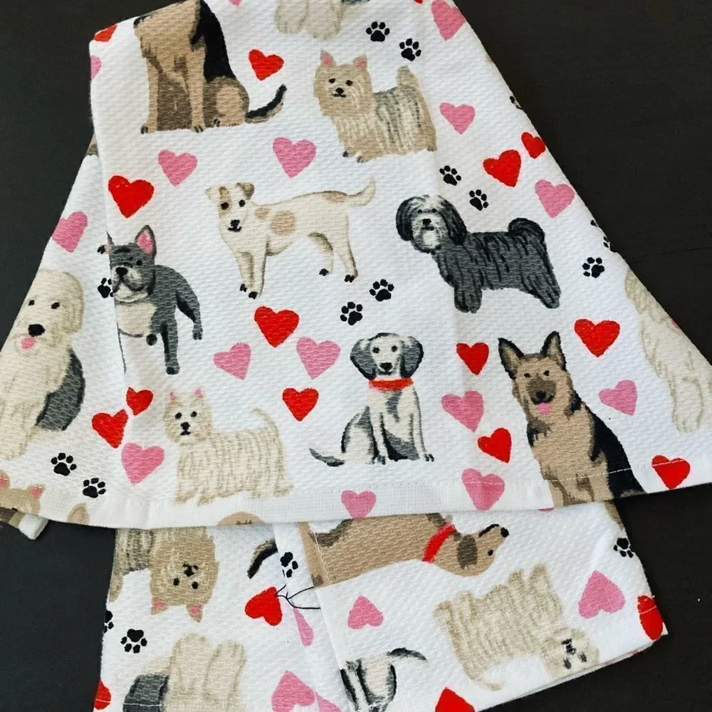 NWT Valentine Dogs & Hearts Kitchen Dish Towels Casaba